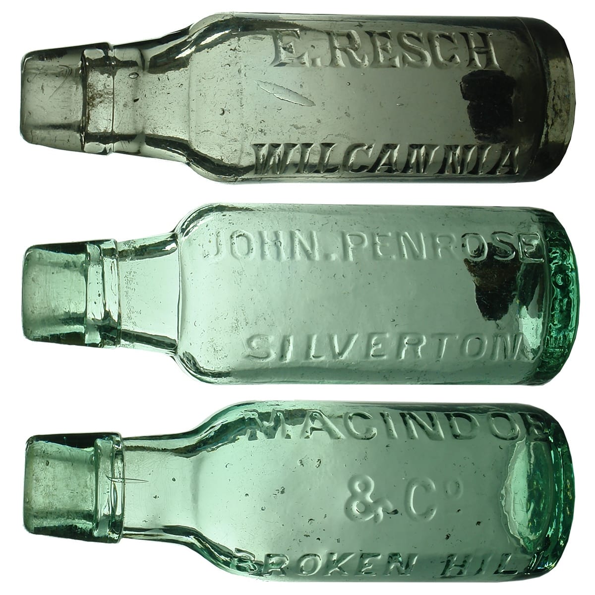 3 Lamonts: E. Resch, Wilcannia; John Penrose, Silverton; MacIndoe & Co, Broken Hill. 6 oz. (New South Wales)