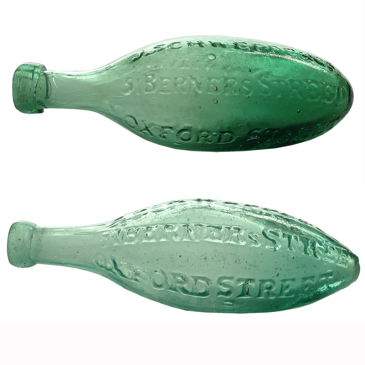 2 Torpedos: Both J. Schweppe & Co, 51 Berners Street, Oxford Street. Early egg shape and later one with very heavy embossing.