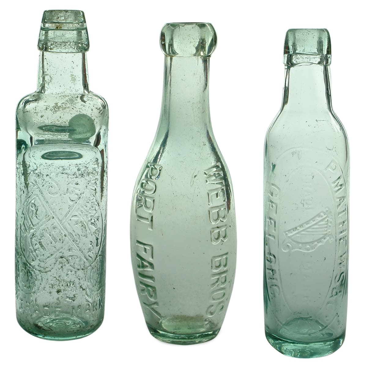 3 Aerated Waters: Fletcher, Warrnambool Codd; Webb Bros Port Fairy Skittle; P. Mathews, Geelong Lamont. (Victoria)