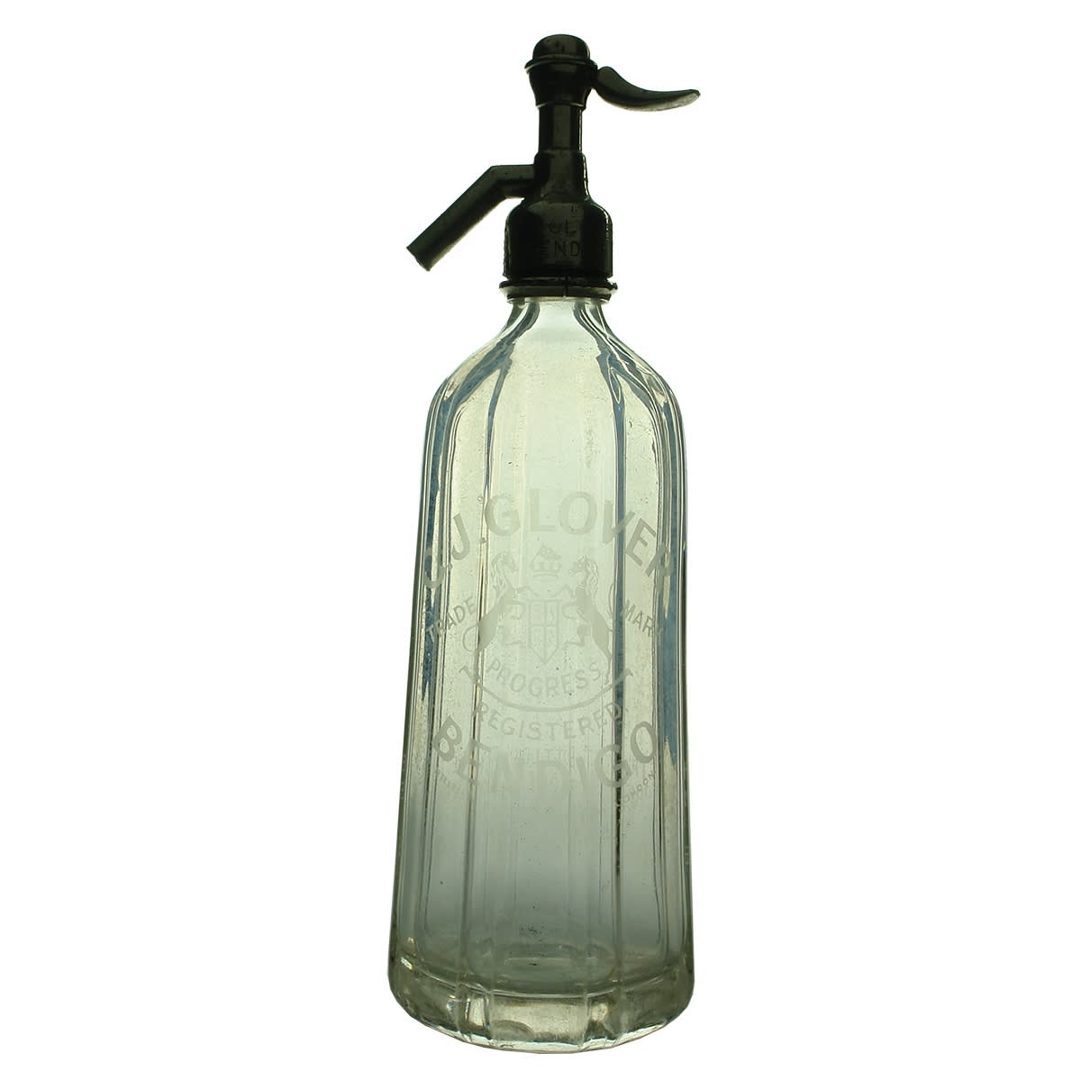 Soda Syphon. C. J. Glover, Bendigo. Coat of Arms. Progress. Pyramid shape. Clear. 30 oz. (Victoria)
