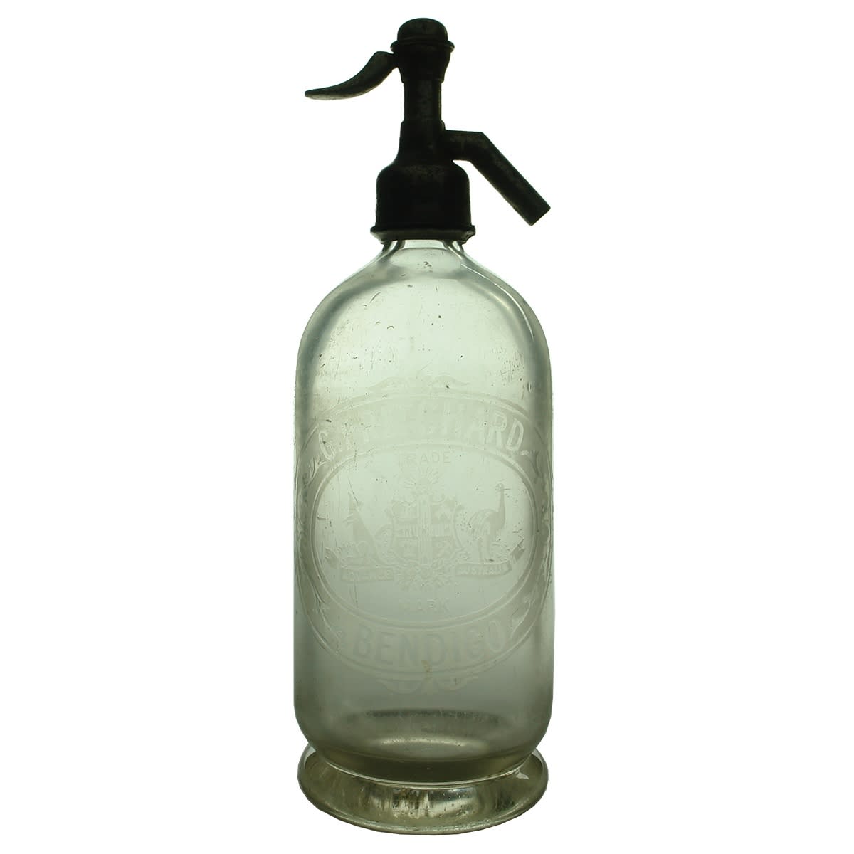 Soda Syphon. G. Pritchard, Bendigo. Advance Australia. Australian Coat of Arms. Clear. 30 oz. (Victoria)