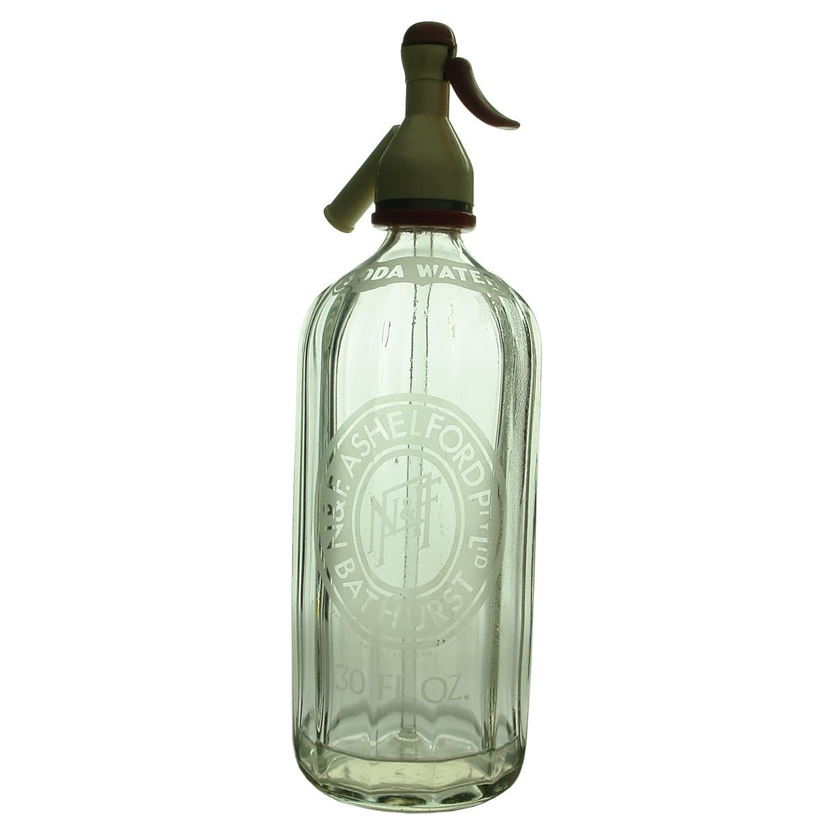 Soda Syphon. N & F. Ashelford Pty Ltd Bathurst. Regent shape. Clear. 30 oz. Matching plastic spout. (New South Wales)