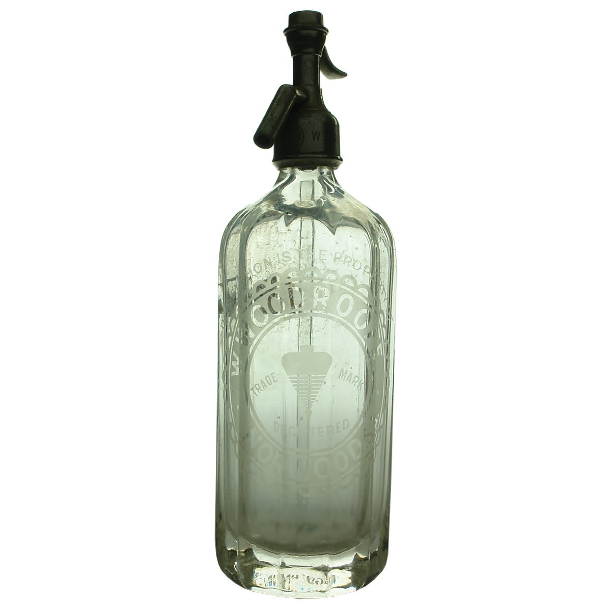 Soda Syphon. W. Woodroofe, Norwood. Panelled. Regent shape. Clear. 30 oz. (South Australia)