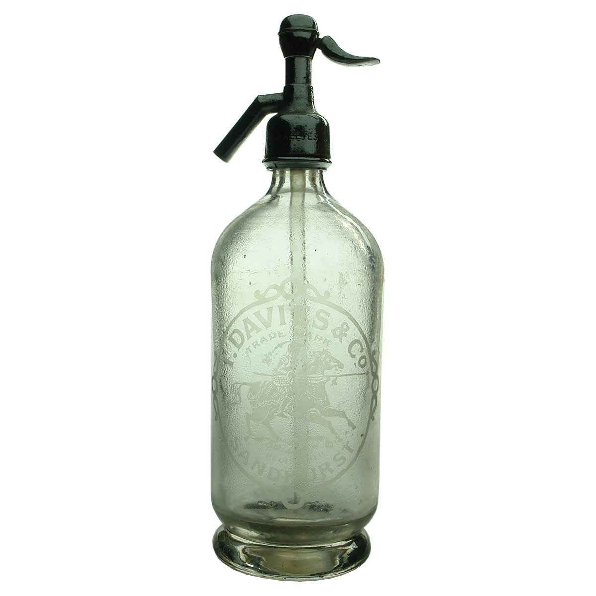 Soda Syphon. T. Davies & Co., Sandhurst. Fancy badge. Pontil scar. R. J. Reeves metal spout. (Bendigo, Victoria)