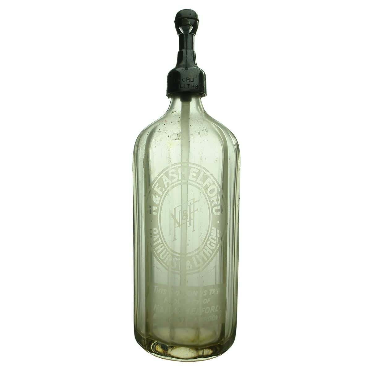Soda Syphon. N & F. Ashelford, Bathurst & Lithgow. Regent shape. Matching metal spout. (New South Wales)
