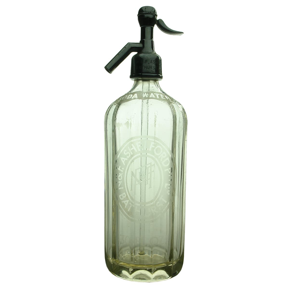 Soda Syphon. N & F. Ashelford Pty Ltd Bathurst. Regent shape. Clear. 30 oz. Metal spout from N & F. Ashelford Bathurst & Lithgow. (New South Wales)