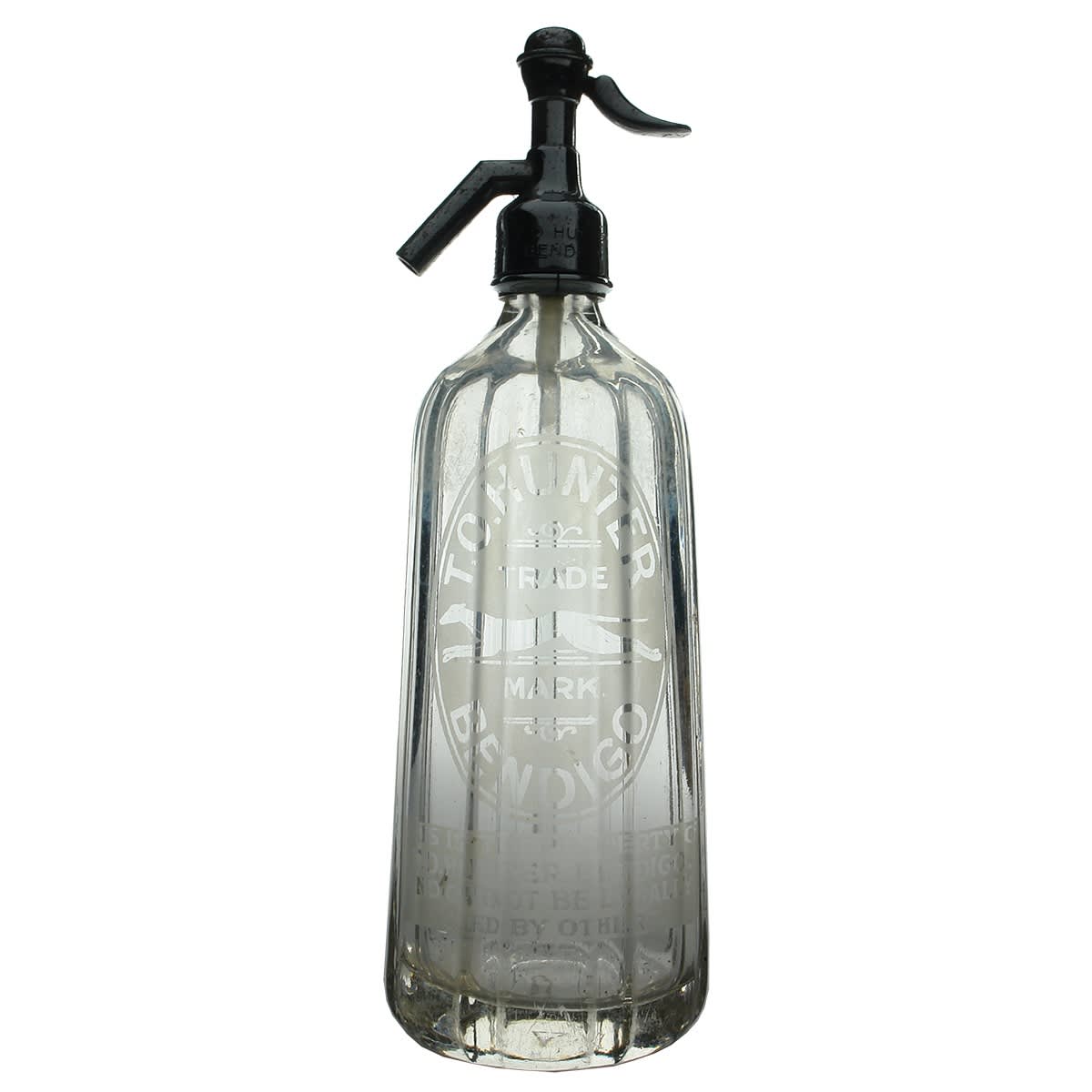 Soda Syphon. T. O. Hunter, Bendigo. Greyhound. Pyramid shape. Clear. 30 oz. (Victoria)