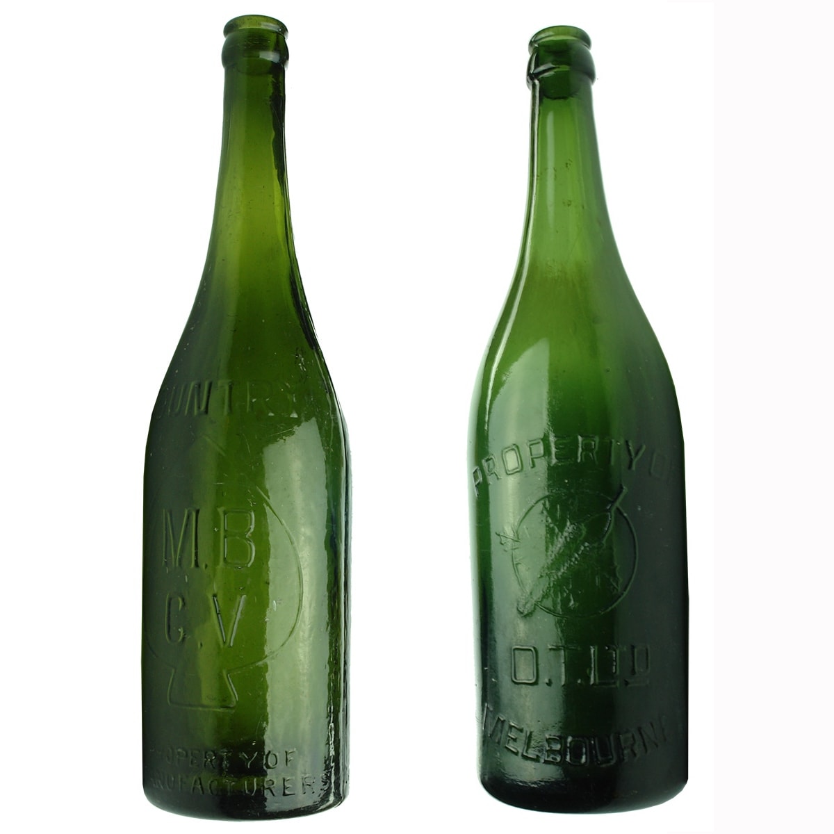2 Crown Seal Beers: MBCV Country, Green, long neck; O. T. Ltd, Melbourne. Chilli & Leaf. (Victoria)