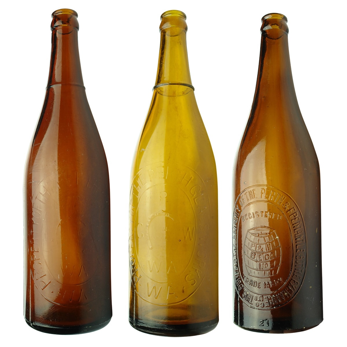 3 Crown Seal Beers. 2 x Perth Glass Works with Horseshoe; Perth & Fremantle Bottle Exchange, Barrel. (Western Australia)