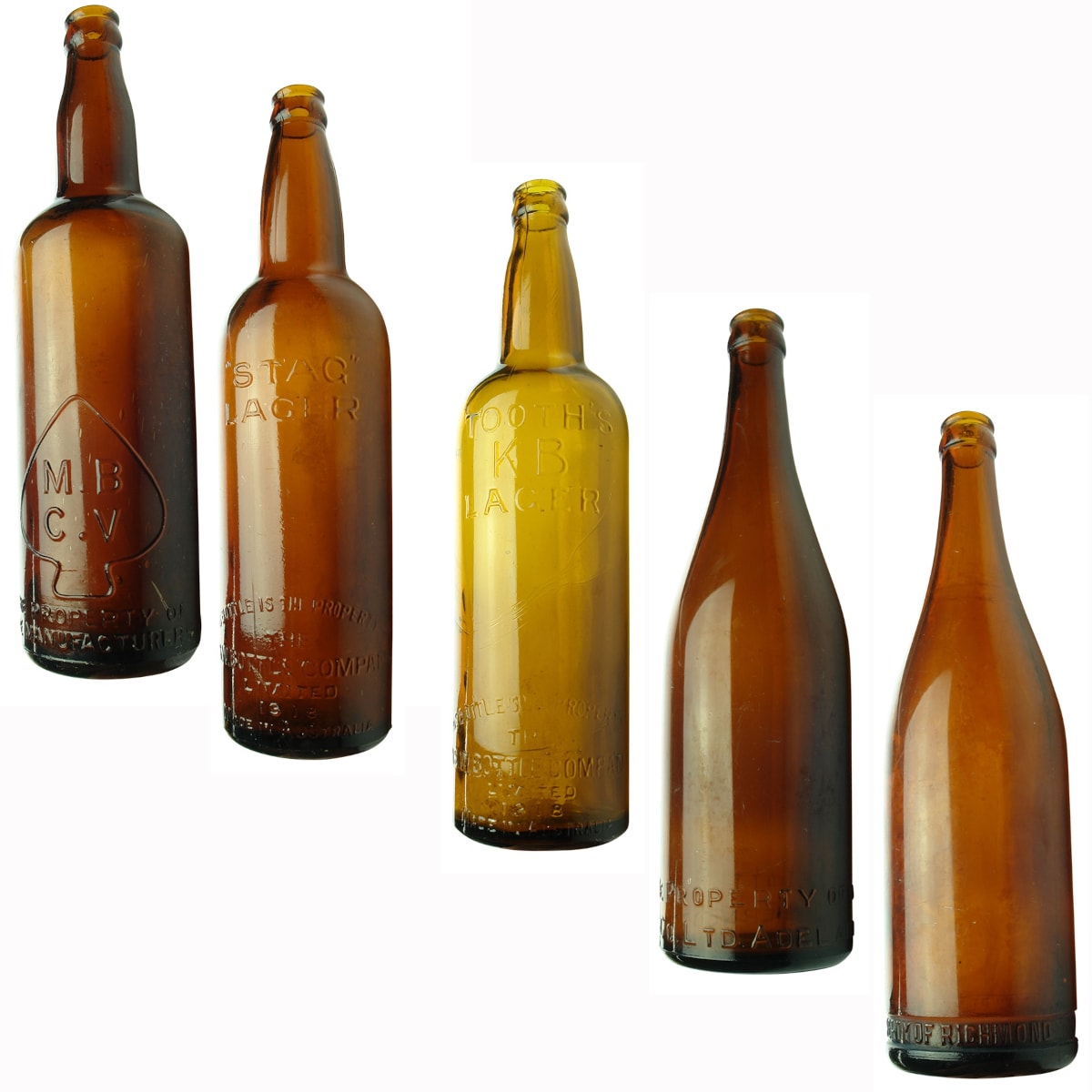 Beers: 1. M. B. C. V. Medium Spade. Shouldered Crown Seal. Amber. 26 oz. 2. Stag Lager, N. S. W. Bottle Company Limited, 1918. Shouldered Crown Seal. Amber. 26 oz. 3. Tooth's KB Lager, N. S. W. Bottle Company Limited, 1918. Shouldered Crown Seal. Lighter Amber. 26 oz. 4. The Southern Bottle Co. Ltd., Adelaide. Champagne Crown Seal. Amber. 26 oz. 5. Richmond N. S. Brewing Co Pty Ltd. Champagne Crown Seal. Amber. 26 oz. (Victoria, New South Wales, South Australia)