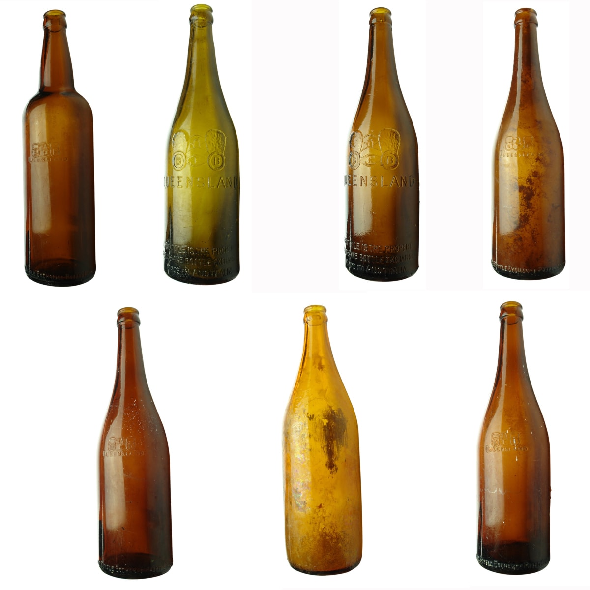 Beers. Brisbane Bottle Exchange Beers: 1. Shouldered crown seal, very small binoculars to upper body. Amber. 26 oz. 2. Champagne shape crown seal, medium binoculars. Olive. 26 oz. 3. Champagne shape crown seal, medium binoculars. Amber. 26 oz. 4. Champagne shape crown seal, very small binoculars to upper body. Amber. 26 oz. 5. Champagne shape crown seal, very small binoculars to upper body. Amber. 26 oz. 6. Squat champagne shape crown seal, very small binoculars to upper body. Light amber. 26 oz. 7. Champagne shape crown seal, very small binoculars to upper body. Amber. 26 oz. (Queensland)