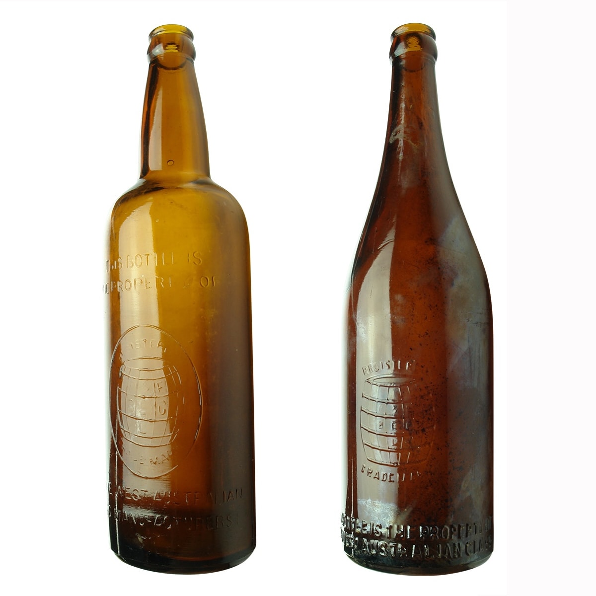 Beers. Perth and Fremantle Bottle Exchange Beers: 1. The West Australian Glass Manufacturers with Barrel. Shouldered crown seal. Amber. 1923. 26 oz. 2. The West Australian Glass Manufacturers with Barrel. Champagne shape crown seal. Amber. 1928. 26 oz.