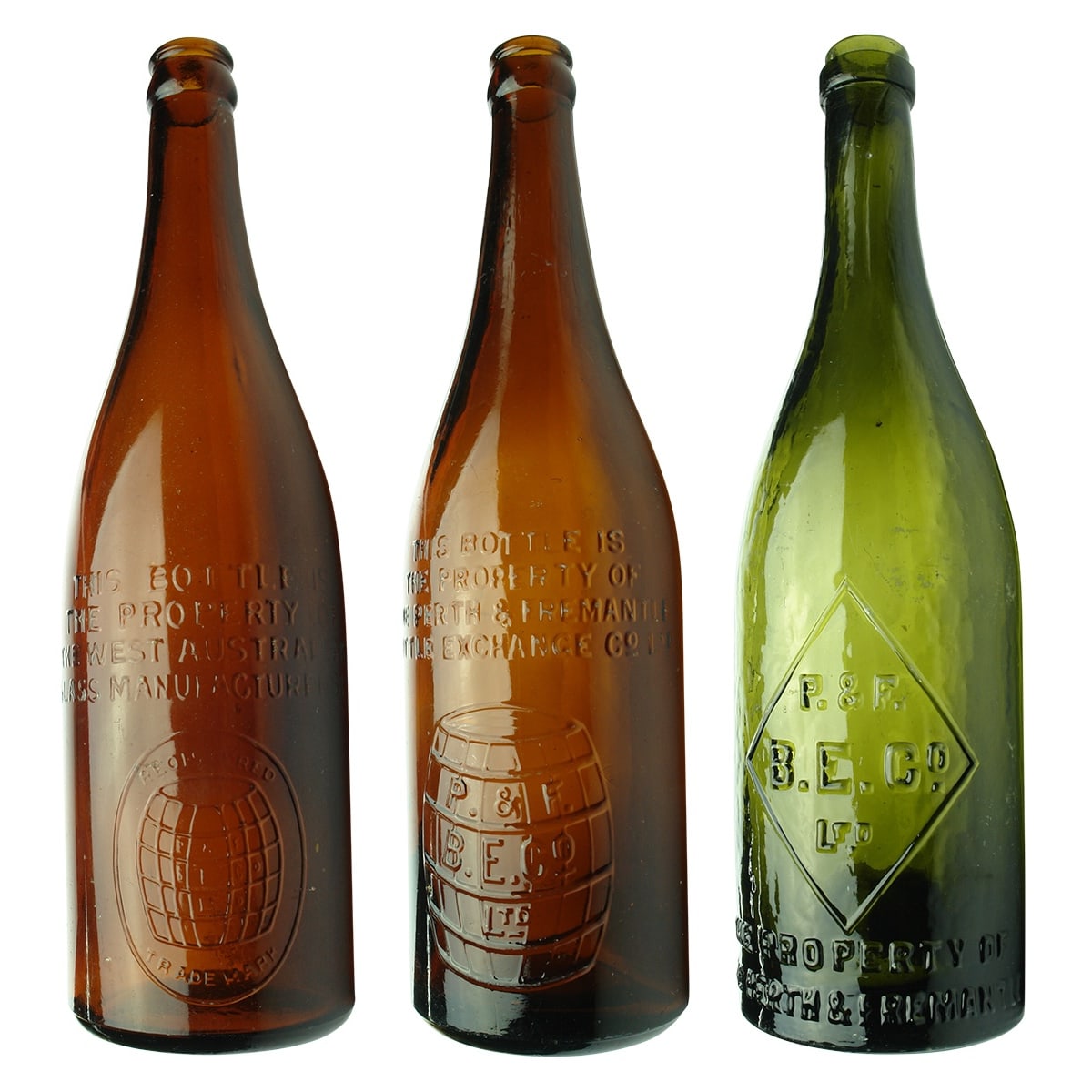 Beers. Perth and Fremantle Bottle Exchange Beers: 1. The West Australian Glass Manufacturers with small Barrel. Champagne shape crown seal. Amber. 1926. 26 oz. 2. The Perth & Fremantle Bottle Exchange with large Barrel. Champagne shape crown seal. Amber. 26 oz. 3. The Perth & Fremantle Bottle Exchange with Diamond. Champagne shape ring seal. Green. 26 oz. (Western Australia)