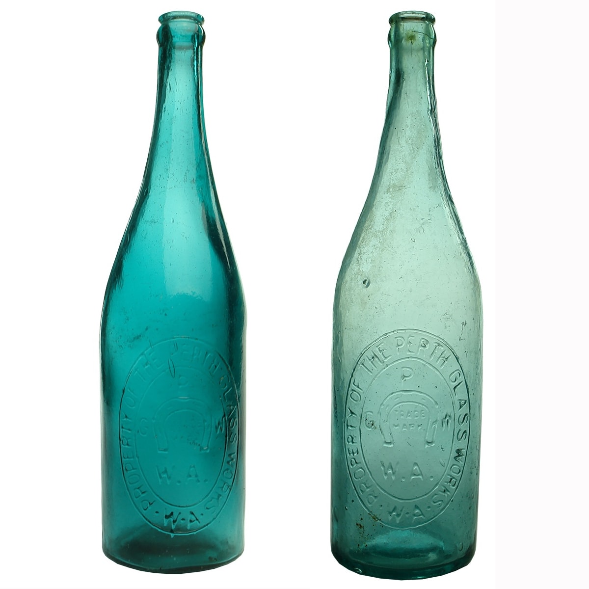 2 Crown Seal Beers. Perth Glassworks in Oval Badge. Green/Turquoise and Aqua. 26 oz. (Western Australia)