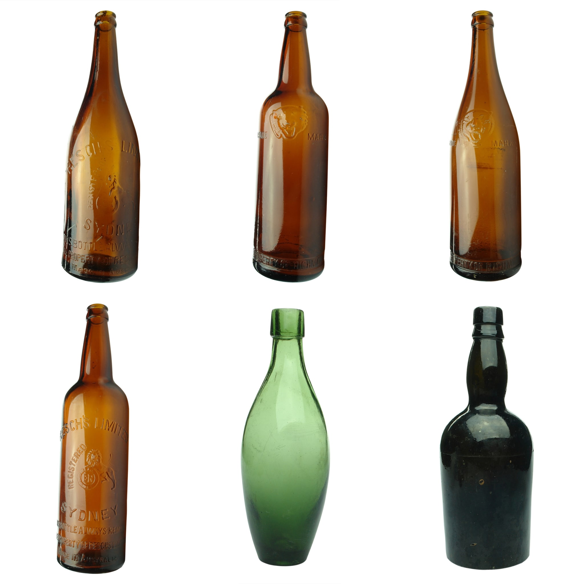 Beers: 1. Resch's Limited, Sydney. Champagne shape. Amber. 26 oz. 2. Richmond N. S. Brewing Co, Tiger's Head. Shouldered. Amber. 26 oz. 3. Richmond N. S. Brewing Co, Tiger's Head. Champagne shape. Amber. 26 oz. 4. Resch's Limited, Sydney. Shouldered. Amber. 26 oz. 5. Half size green skittle. 6. P. Dawson, Dufftown, Glenlivet black bottle. 26 oz.