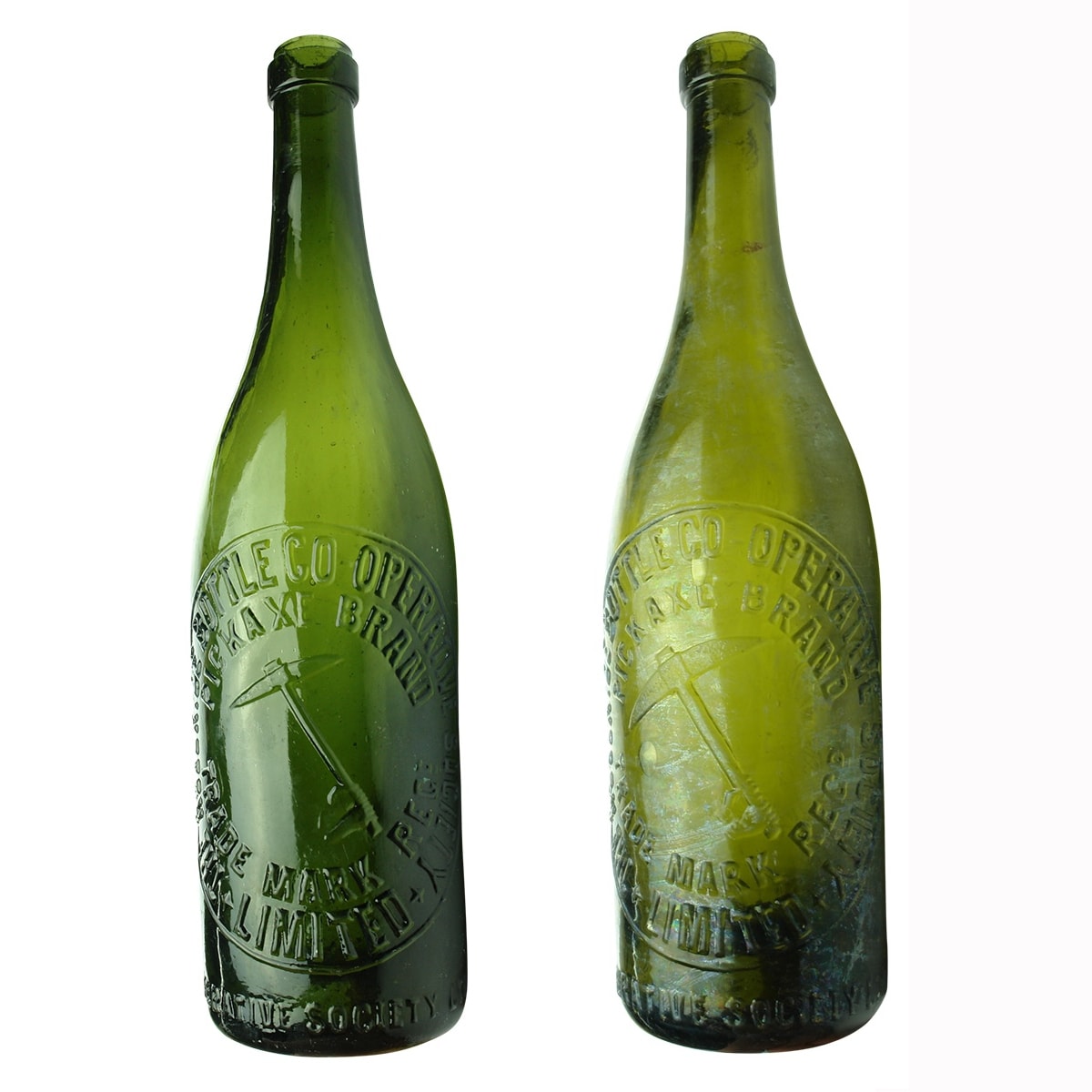 Beers. Pair of Pickaxe Beers: 1. Adelaide Bottle Co-Operative Society Limited. Ring Seal. Green. 26 oz. 2. Adelaide Bottle Co-Operative Society Limited. Ring Seal. Olive Green. 26 oz. (South Australia)