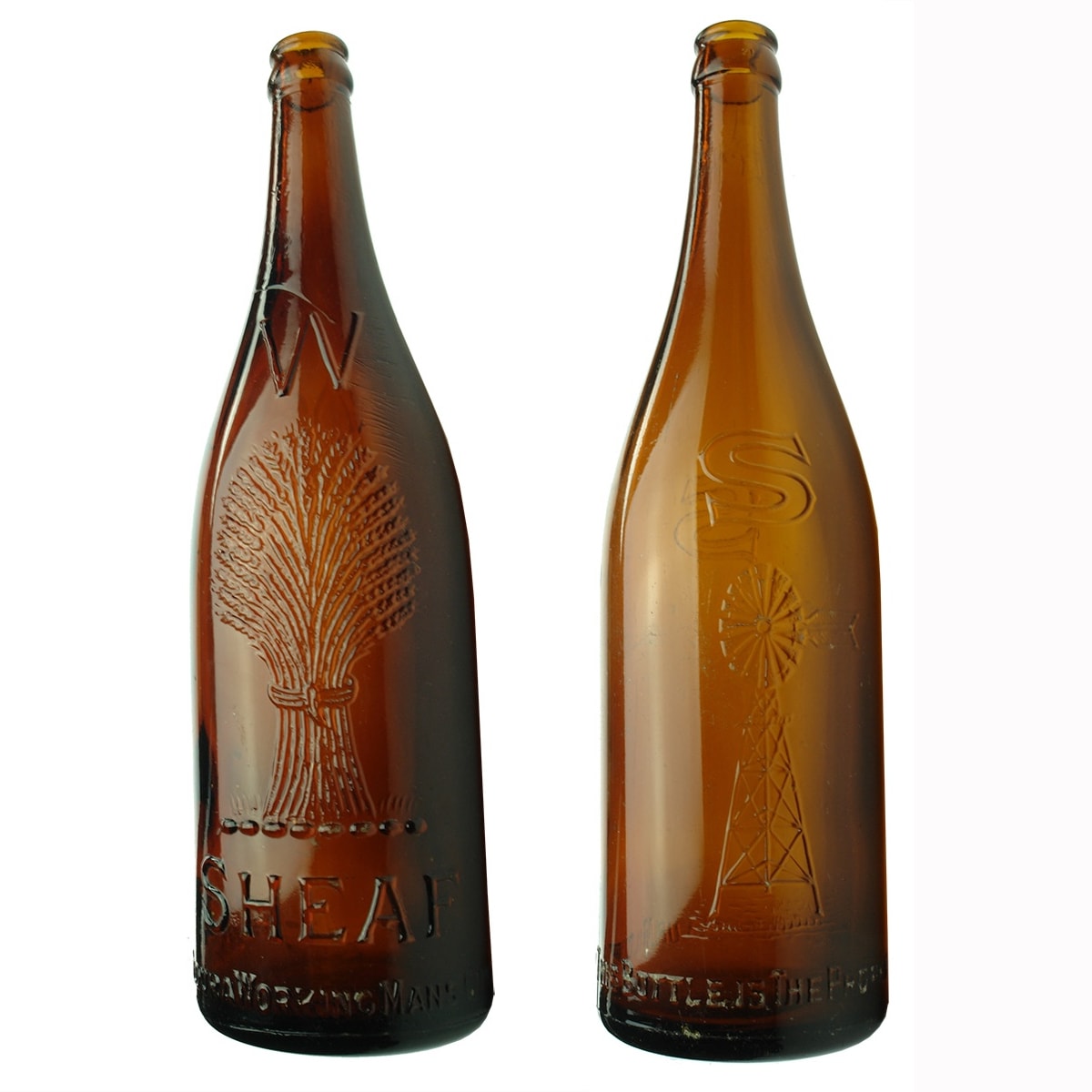 2 Mildura Beers: Working Mans Club, Wheat Sheaf; Settlers Club, Windmill. Amber. 26 oz. (Victoria)