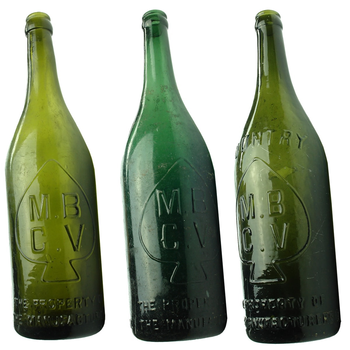 3 Crown Seal Beers. MBCV. Spade. The Manufacturers Bottle Co. of Victoria Ltd. One with Country. Different shades of Green. (Victoria)