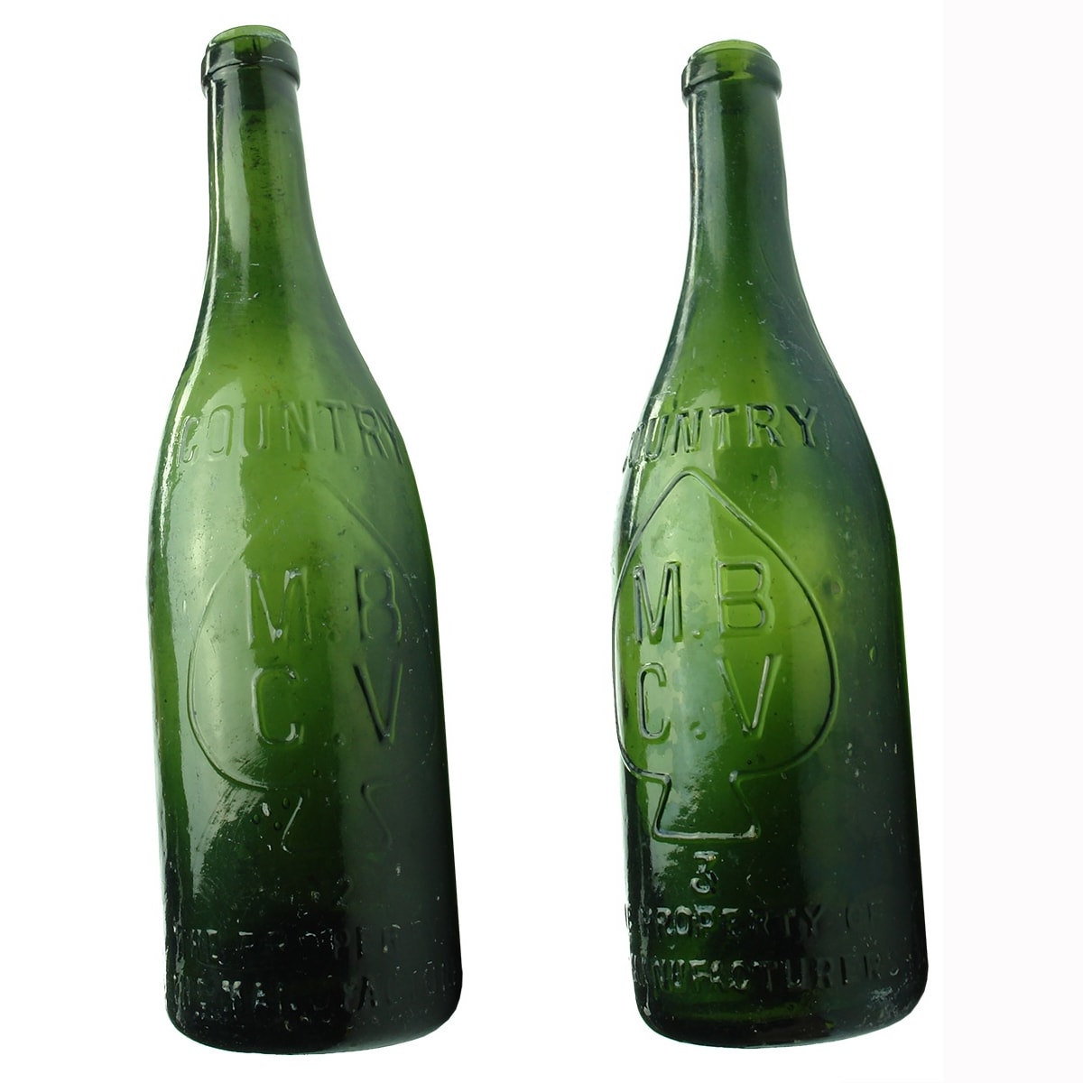 2 Ring Seal Beers: Both MBCV. Country. Spade. Manufacturers Bottle Co. of Victoria Pty. Ltd. Variations with 2 and 3 embossed under the spades. (Victoria)