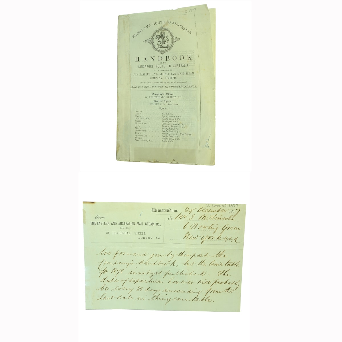 Book. The Eastern and Australian Mail Steam Company Handbook of The Singapore Route to Australia including Fold Out Tables and Map. 43 pages. 1877. PLUS Associated Letter of Memorandum.