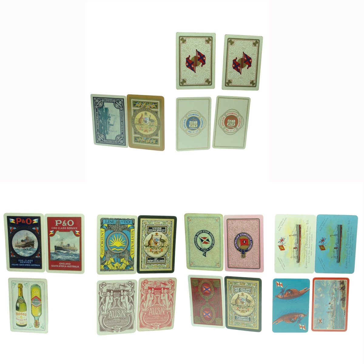 21 x Shipping Playing Cards: Huddart Parker; Aberdeen Line; Geo Thompson; Federal Steamship; P & O; Union Steam Ship; Ross's Ginger Ale; AUSN and more!