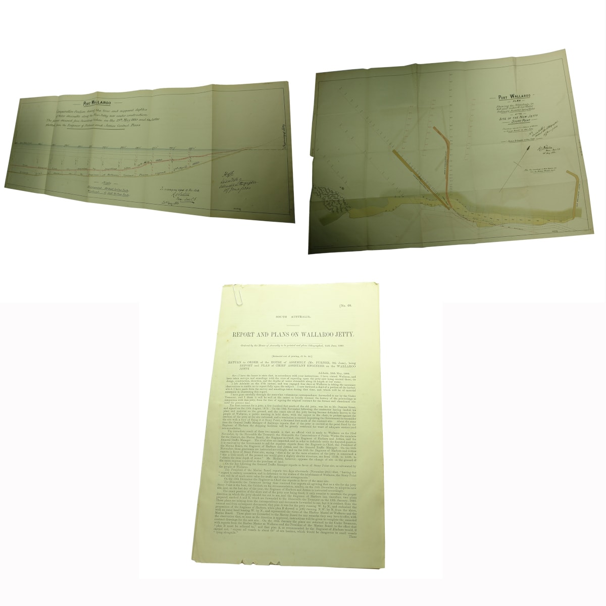 2 Pieces of Ephemera. Port of Wallaroo, Comparative Section showing the true and supposed depths of Water obtainable along the New Jetty now under construction. 26th May 1880; Port of Wallaroo Plan, 26th May 1880; Report and plans on Wallaroo Jetty, 15th June, 1880. (South Australia)