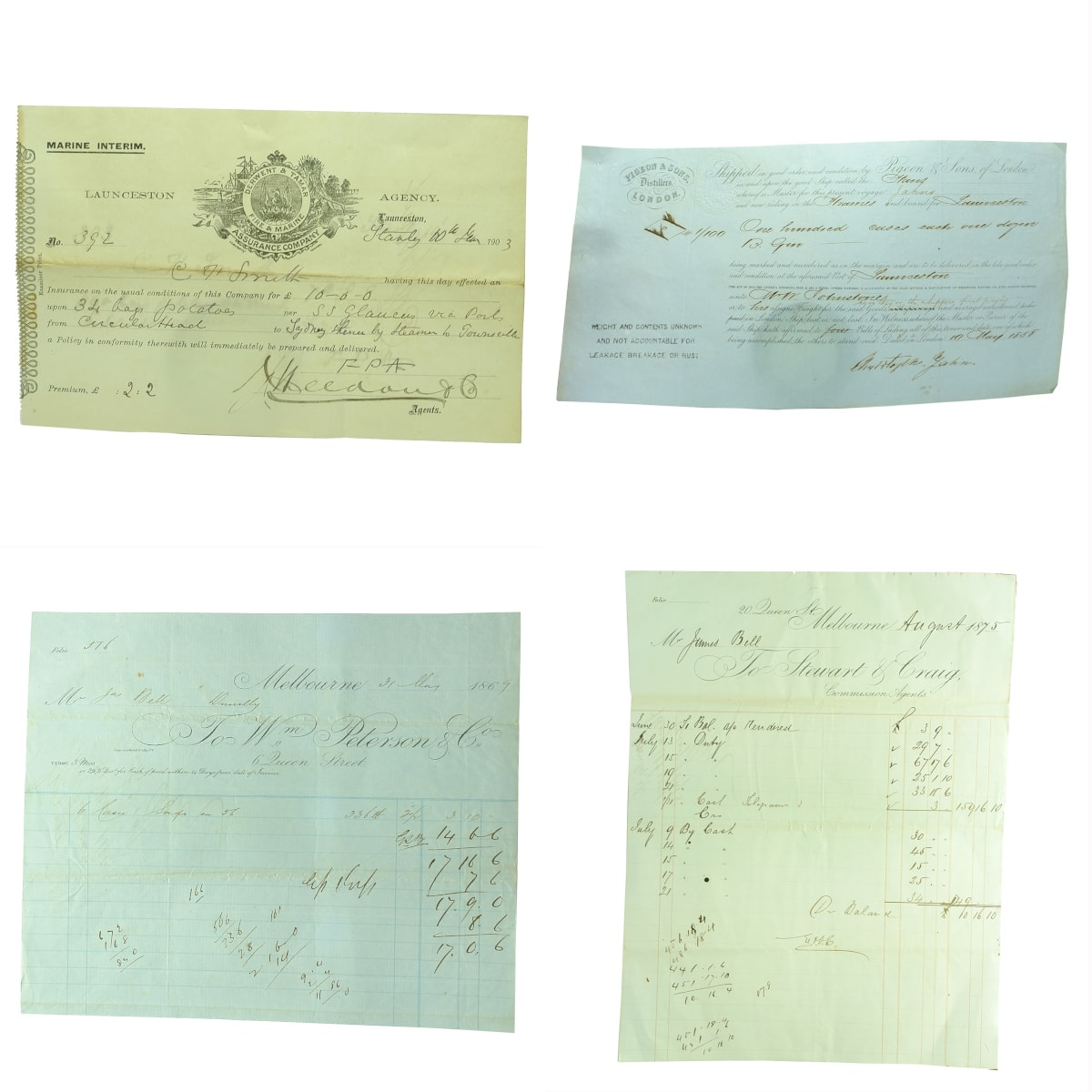 4 early pieces of ephemera: Derwent & Tamar Fire Insurance Co; Pigeon & Sons Bill of Lading; Wm Peterson Melbourne 1869 invoice; Stewart & Craig Melbourne 1875. (Victoria & Tasmania)