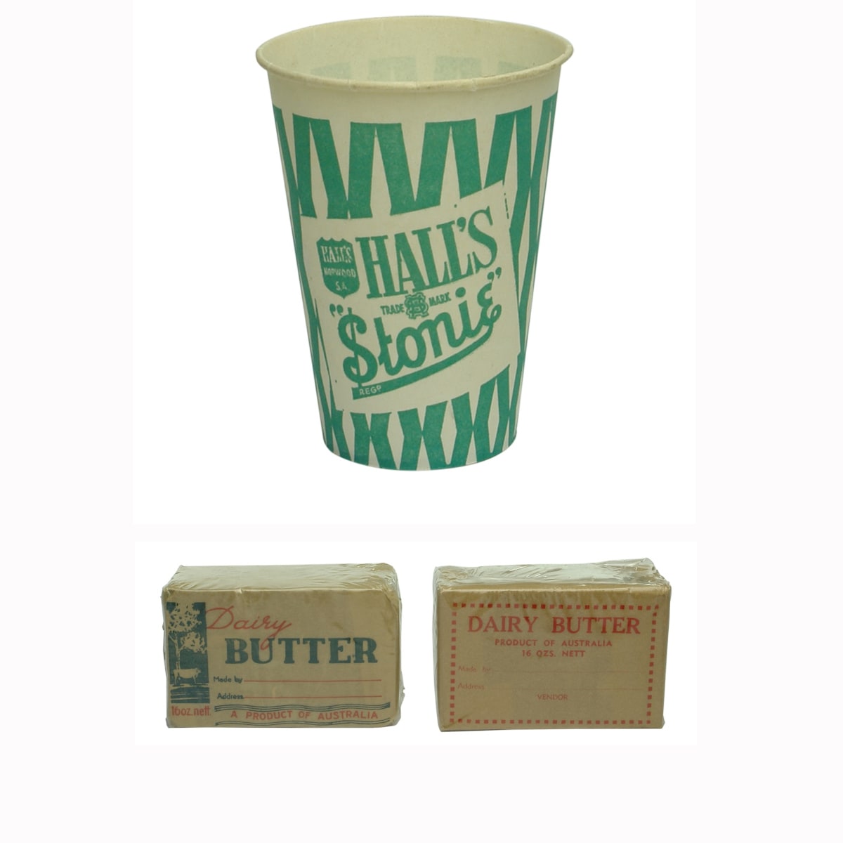 3 Peices of Ephemera: Hall's Cordial Wax Cup; 2 x Butter labels.