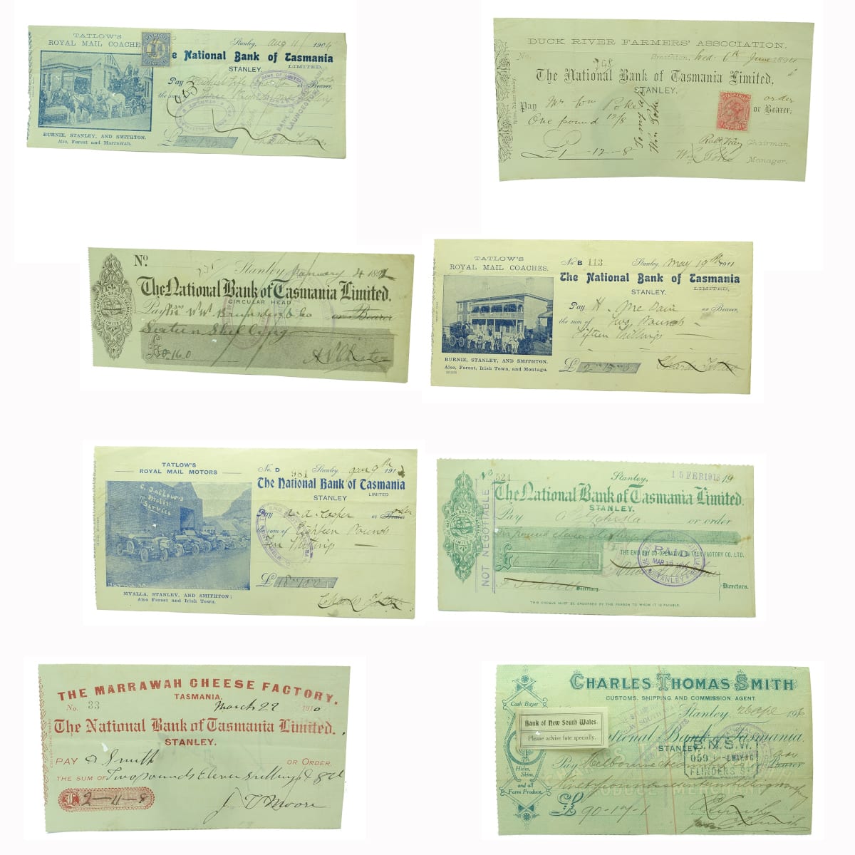 Ephemera. 8 x Early Tasmanian Cheques: 1. Tatlow's Royal Mail Coaches, Burnie, Stanley, Smithton, Forest and Marrawah, 1904. National Bank, Stanley. 2. Duck River Farmers' Association, Smithton, 1894. National Bank, Stanley. 3. The National Bank of Tasmania Limited, Circular Head, 1892. 4. Tatlow's Royal Mail Coaches, Burnie, Stanley, Smithton, Forest, Irish Town and Montagu, 1911. National Bank, Stanley. 5. Tatlow's Royal Mail Coaches, Myalla, Stanley, Smithton, Forest and Irish Town, 1916. National Bank, Stanley. 6. The Emu Bay Co-Operative Butter Factory Co. Ltd., The National Bank of Tasmania Limited, Stanley, 1918. 7. The Marrawah Cheese Factory, 1910. National Bank, Stanley. 8. Charles Thomas Smith, Customs, Shipping and Commission Agent, Stanley, 1916. National Bank, Stanley. (Tasmania)