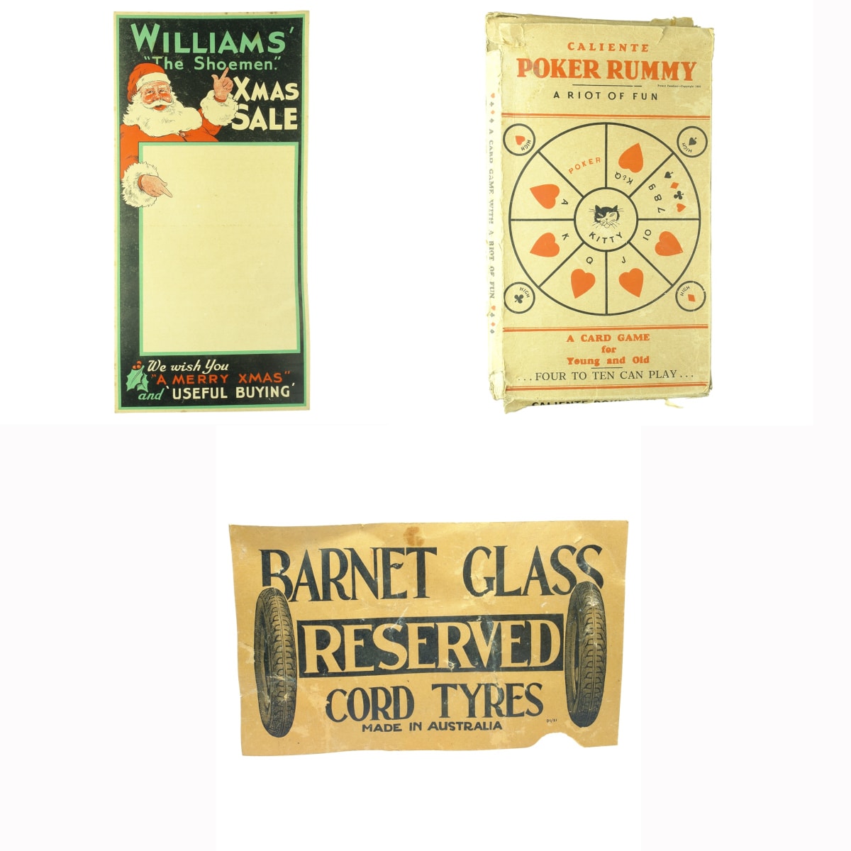 Ephemera. 1. Williams' "The Shoemen" Christmas Sale Advertising Card. 2. Barnet Glass Reserved Cord Tyres, Made in Australia. Double Sided Advertising Card. 3. Caliente Poker Rummy, A Card Game For Young and Old. John Sands Pty Ltd, Sydney.