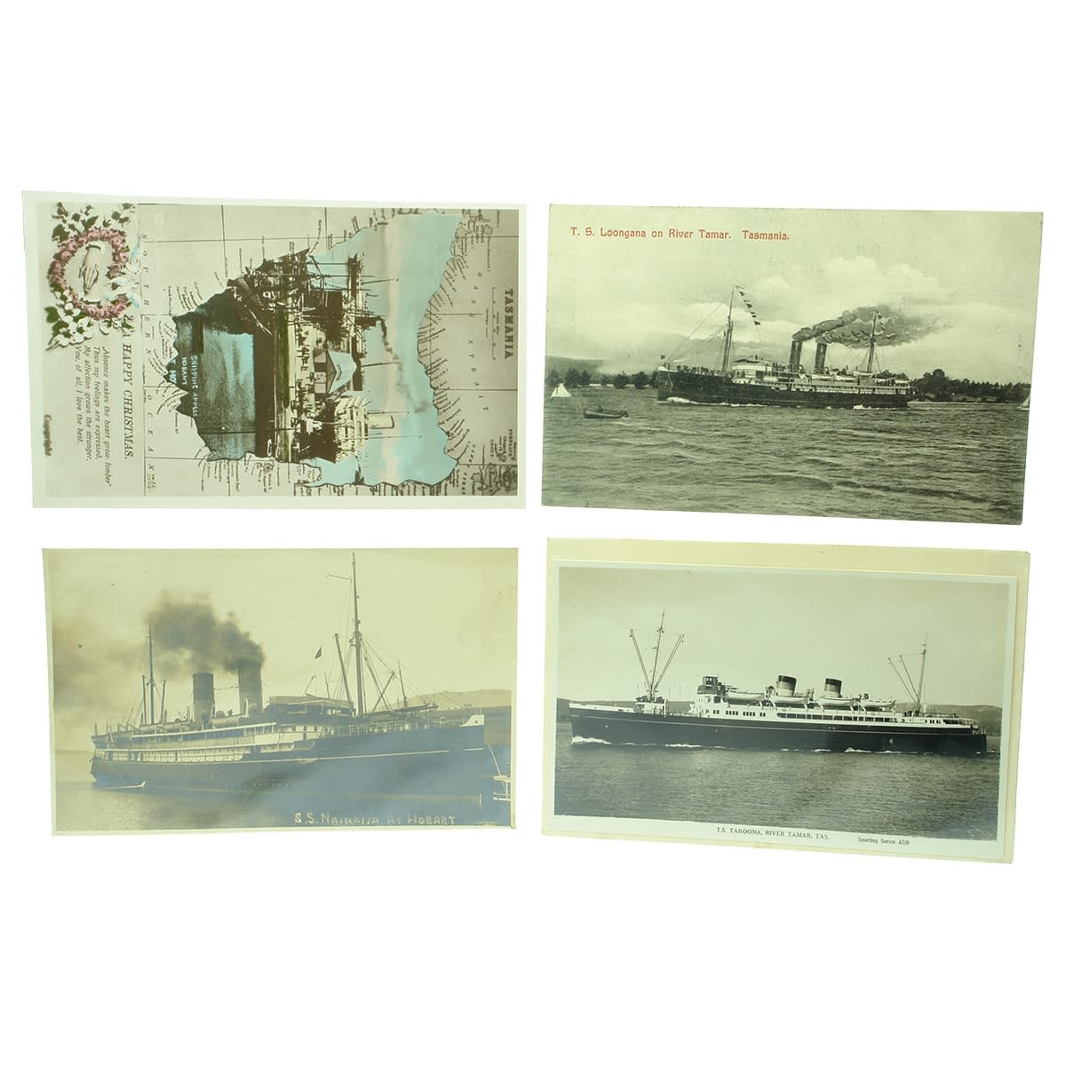 Ephemera. Four Post Cards Depicting Tasmanian Ships: 1. Shipping Apples, Hobart. 2. T. S. Loongana on River Tamar, Tasmania. 3. S. S. Nairana at Hobart. 4. T. S. Tarppna, River Tamar, Tas. with original envelope marked Tasmanian Steamers Propty. Ltd. (Tasmania)