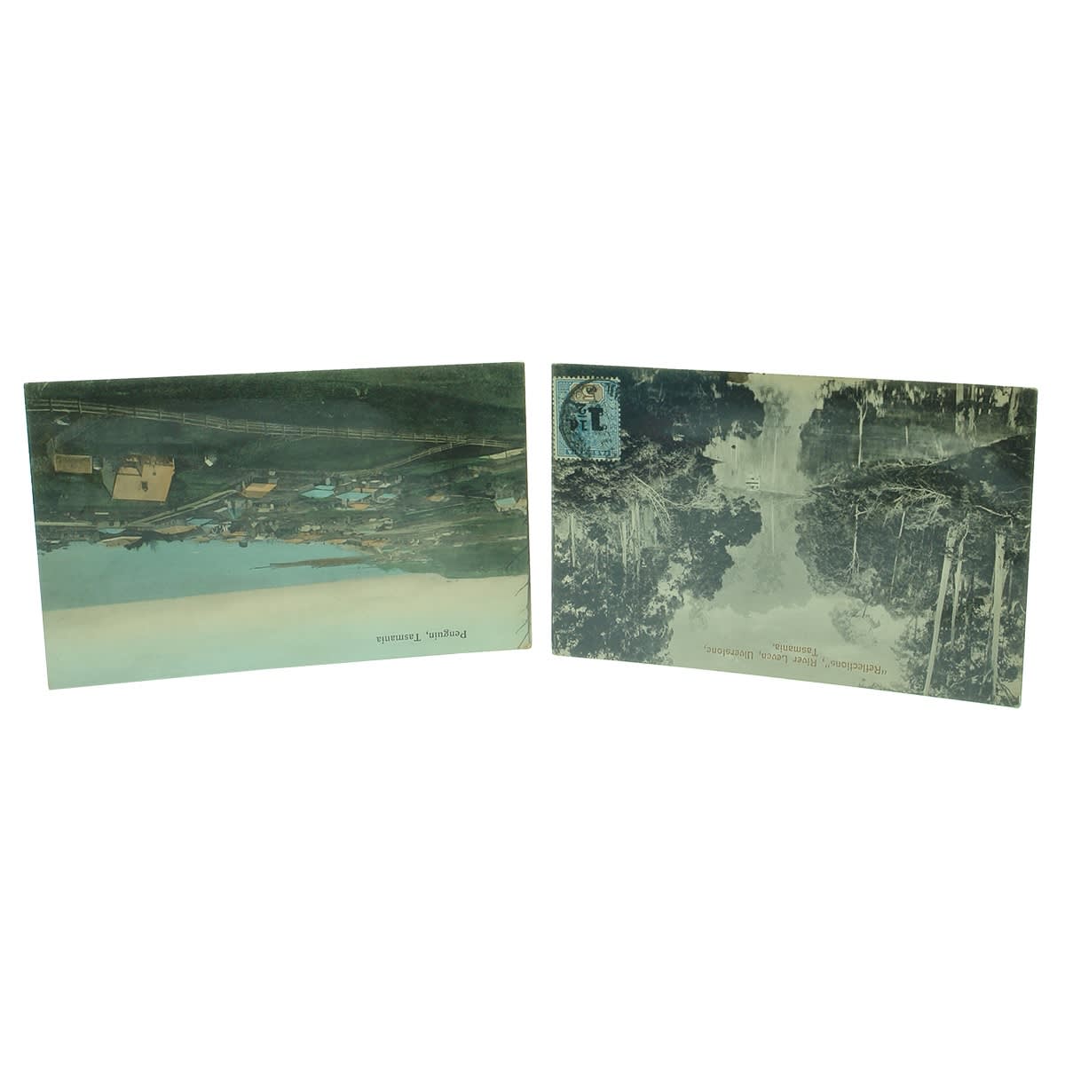 Ephemera. Two Post Cards: 1. "Reflections", River Leven, Ulverstone, Tasmania. 2. Penguin, Tasmania. (Tasmania)