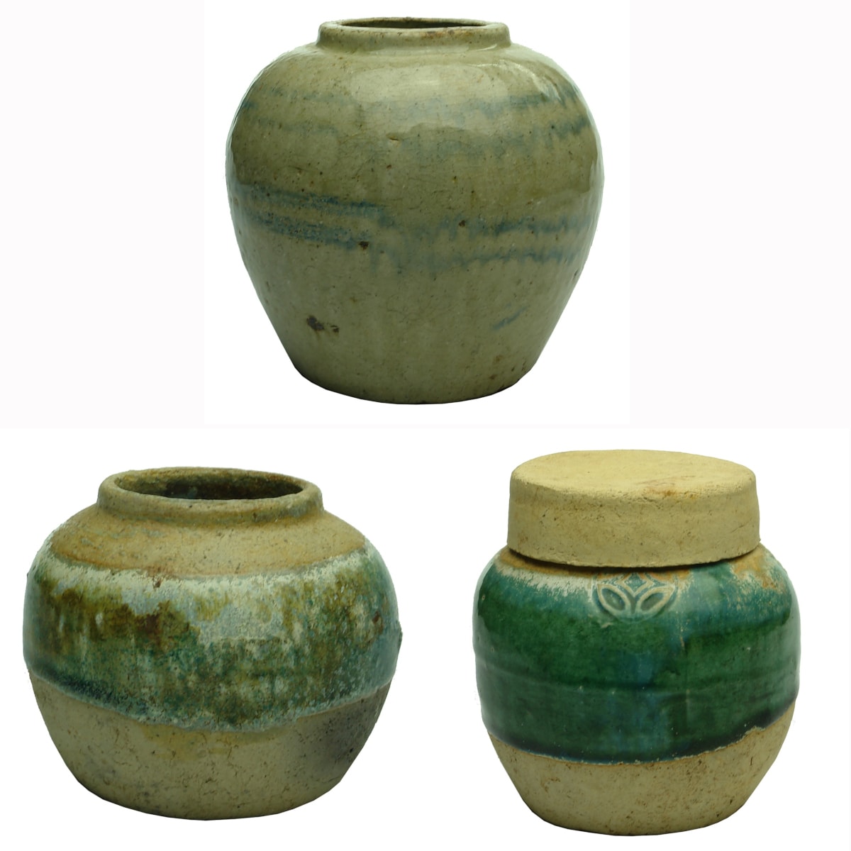 3 Chinese Ginger Jars. Larger Blue & Grey and 2 small green glaze. One with lid.