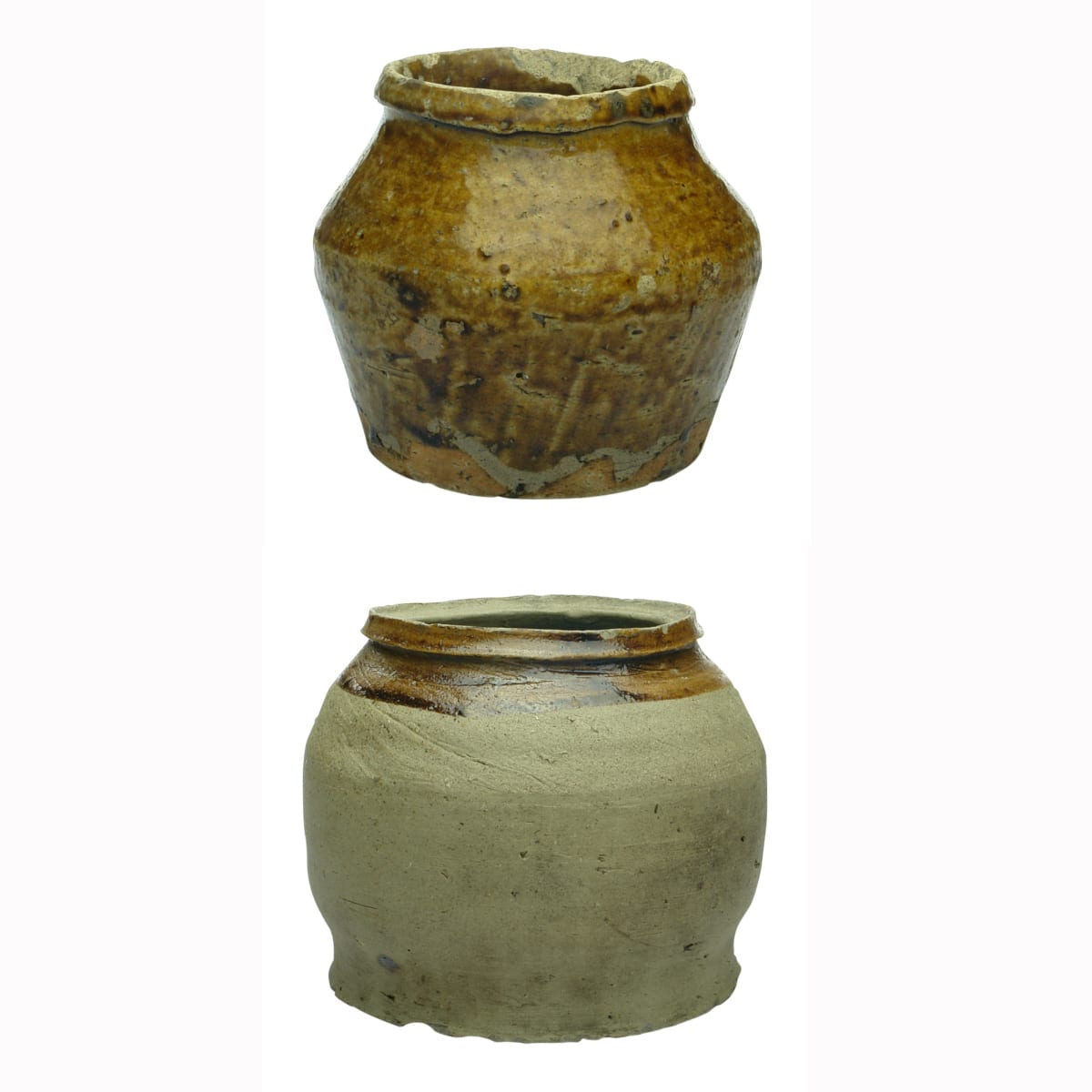 2 Chinese Ceramic Jars: Small wide mouth jar 100 mm; unglazed wide mouth jar, but with glaze to underside of lip, 111 mm.