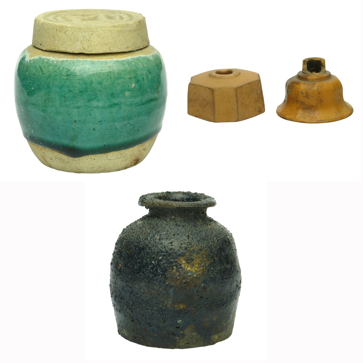 4 Chinese Pieces: Jade Ginger Jar; Pair of Terracotta Opium Bowls; Little Chocolate Glaze flared lip jar.