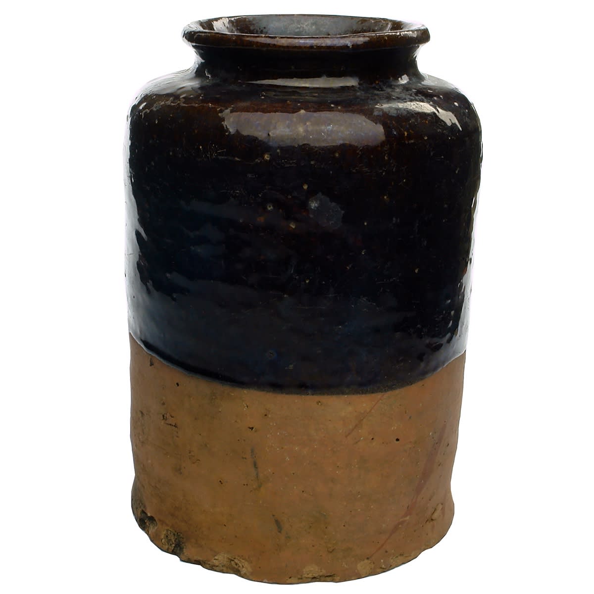 Large stoneware, terracotta like jar with dark brown glaze to upper half.