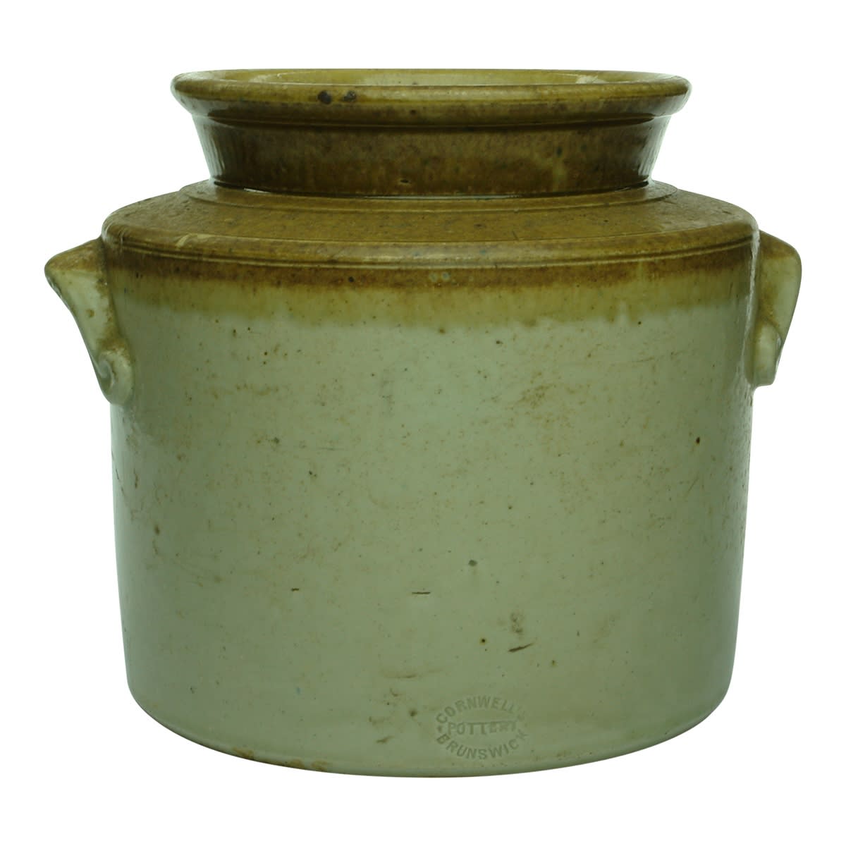 Pottery. Cornwell's Pottery Brunswick. Handled Crock. Tan Top. (Victoria)