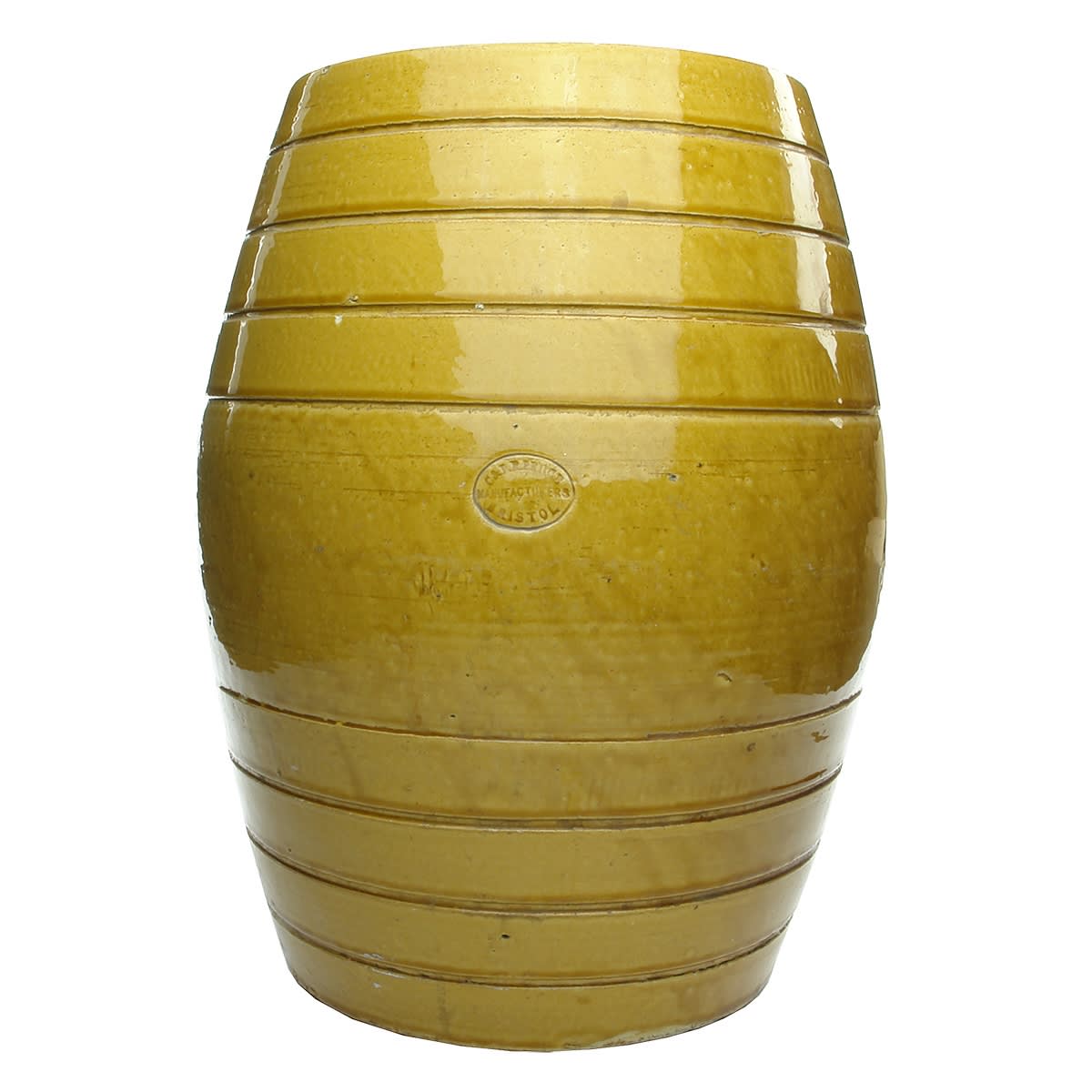 Stoneware Barrel. 5 Gallon tan glazed spirits barrel. C. & J. R. Price, Manufacturers, Bristol.