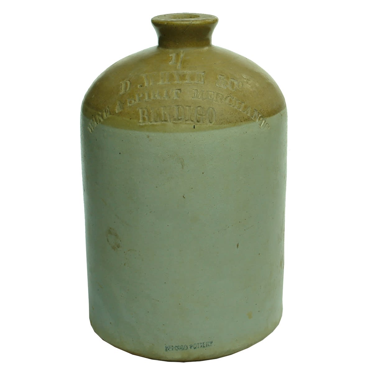 Demijohn. D. Whyte & Co., Wine & Spirit Merchants, Bendigo. 1 Shilling. Bendigo Pottery. (Victoria)