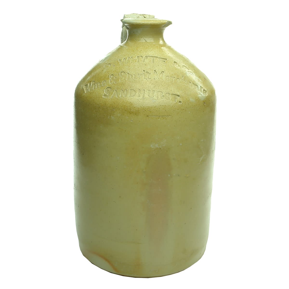 Demijohn. D. Whyte & Co., Wine & Spirit Merchants, Sandhurst. Salt Glaze. Impressed. 1 Gallon. (Bendigo, Victoria)