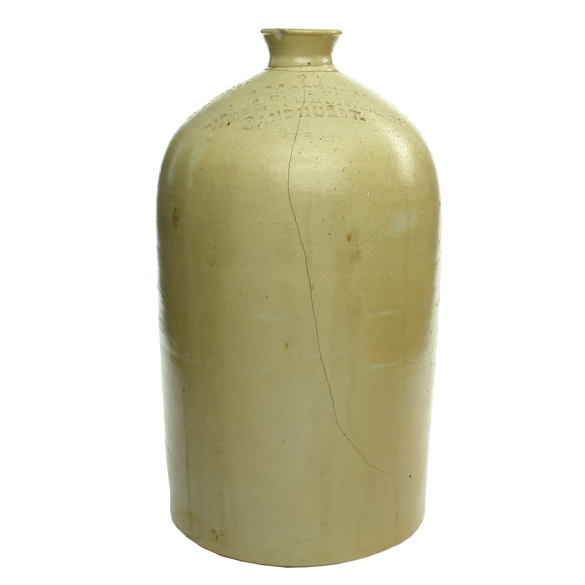 Demijohn. R. Moorhead, Wine & Spirit Merchant, Sandhurst. 2 1/2 Gallon. Pale Salt Glaze. (Bendigo, Victoria)