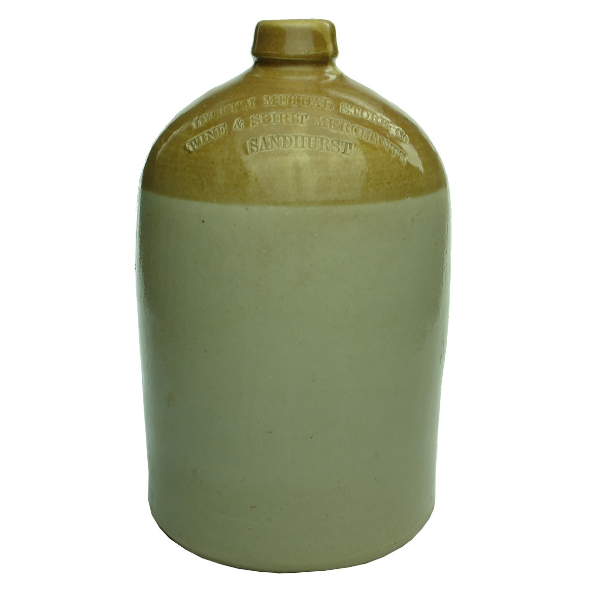 Demijohn. Lyceum Mutual Store Co, Wine & Spirit Merchants, Sandhurst. Impressed. One Gallon. (Bendigo, Victoria)