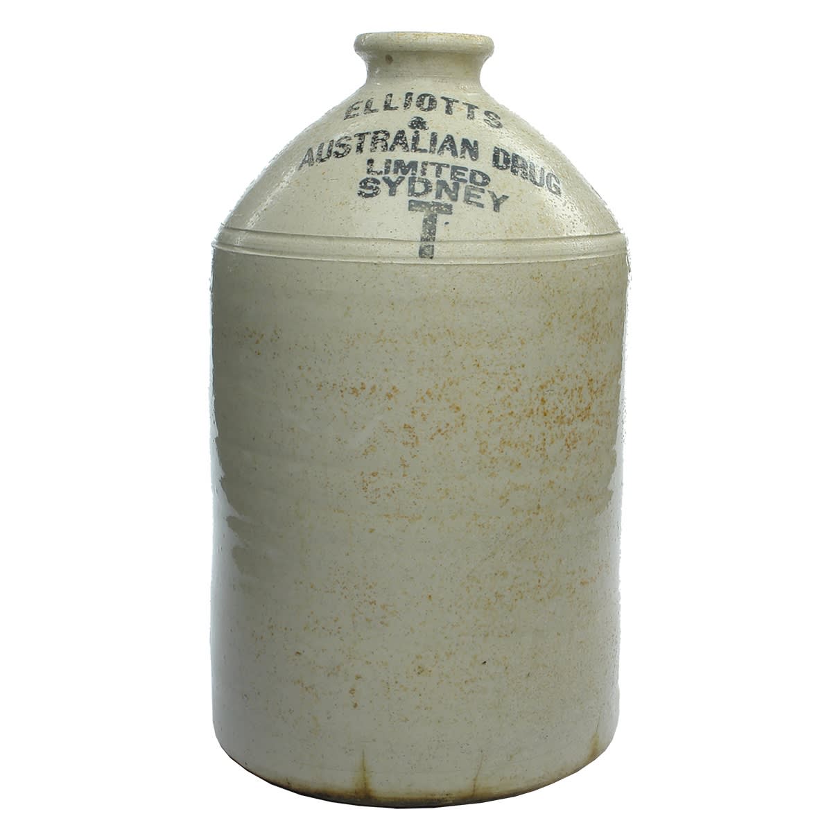 Demijohn. Elliotts & Australian Drug Limited Sydney. Large T. Internal Thread. 3 Gallon. R. Fowler Ltd Sydney stamp. (New South Wales)