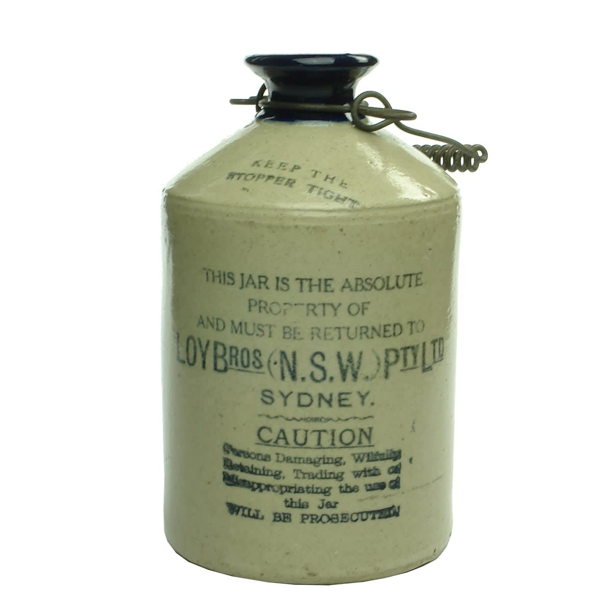 Demijohn. Loy Bros (N. S. W.) Pty Ltd, Sydney. Blue Lip. Half Gallon. (New South Wales)