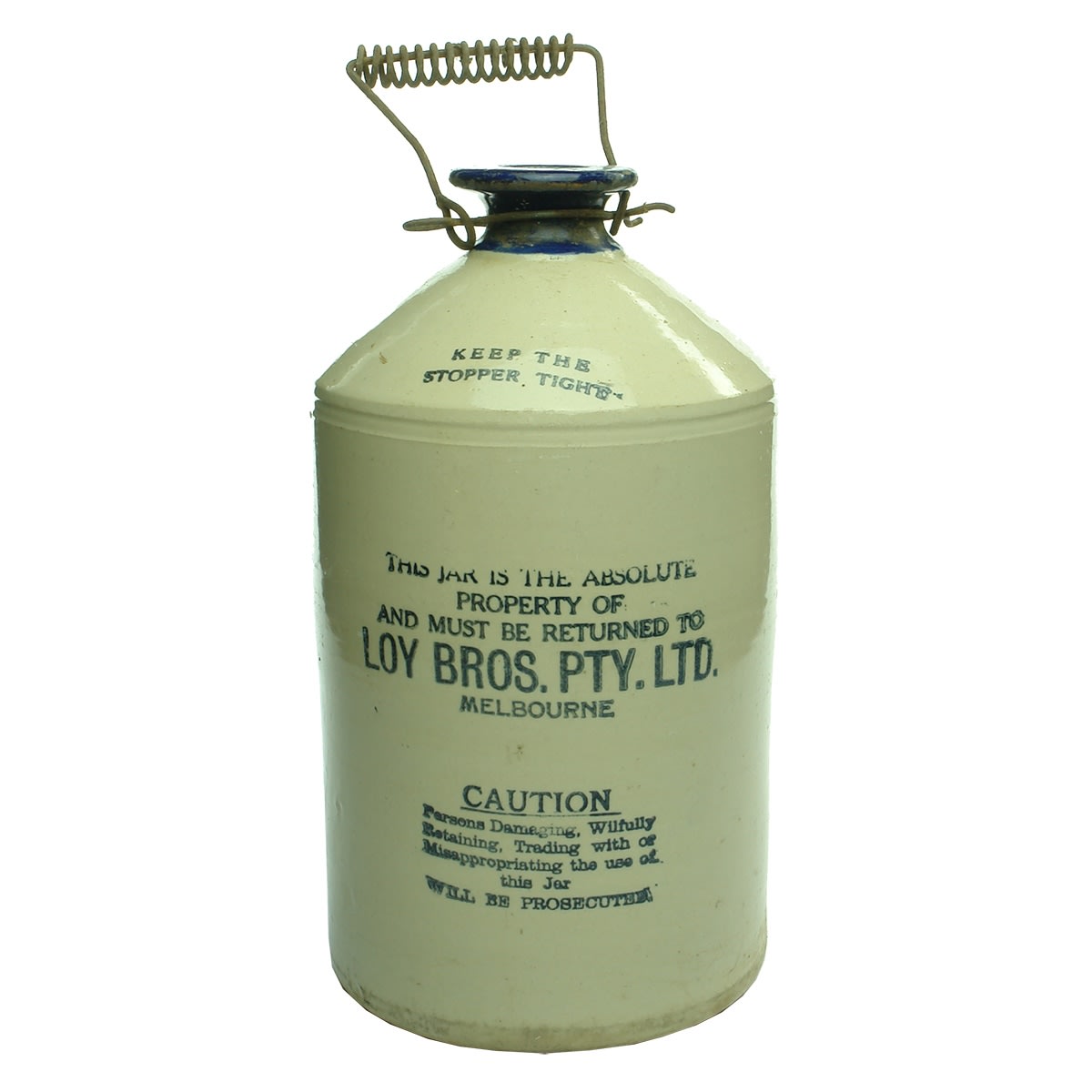 Demijohn. Loy Bros. Pty. Ltd., Melbourne. Blue Lip. Printed. 1 Gallon. (Victoria)
