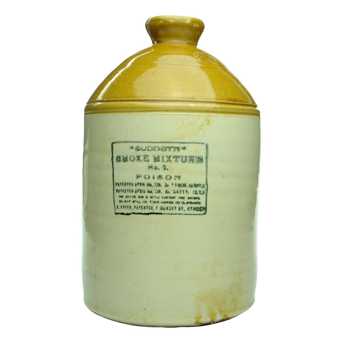 Demijohn. Suddeth No. 2. 7 Market St., Sydney address. Internal Thread. Tan Top. Half Gallon. (New South Wales)