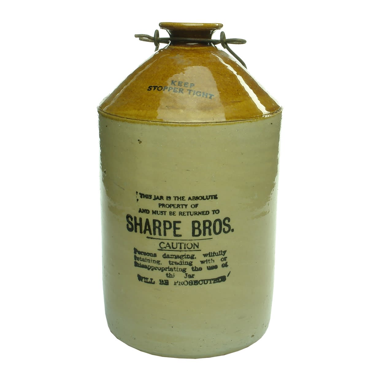 Demijohn. Sharpe Bros. Internal Thread. Tan Top. 1 Gallon. (Australia & New Zealand)
