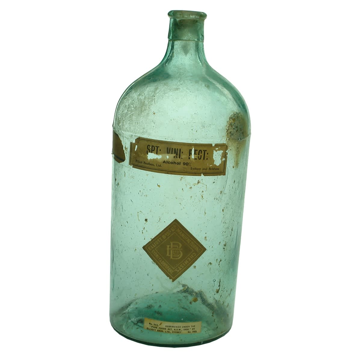 Large Glass Chemical Demijohn. Original Labels for Elliott Bros Ltd Sydney & Brisbane. Spt: Vini: Rect: 90% Alcohol. Pure Foods Act 1908 label.