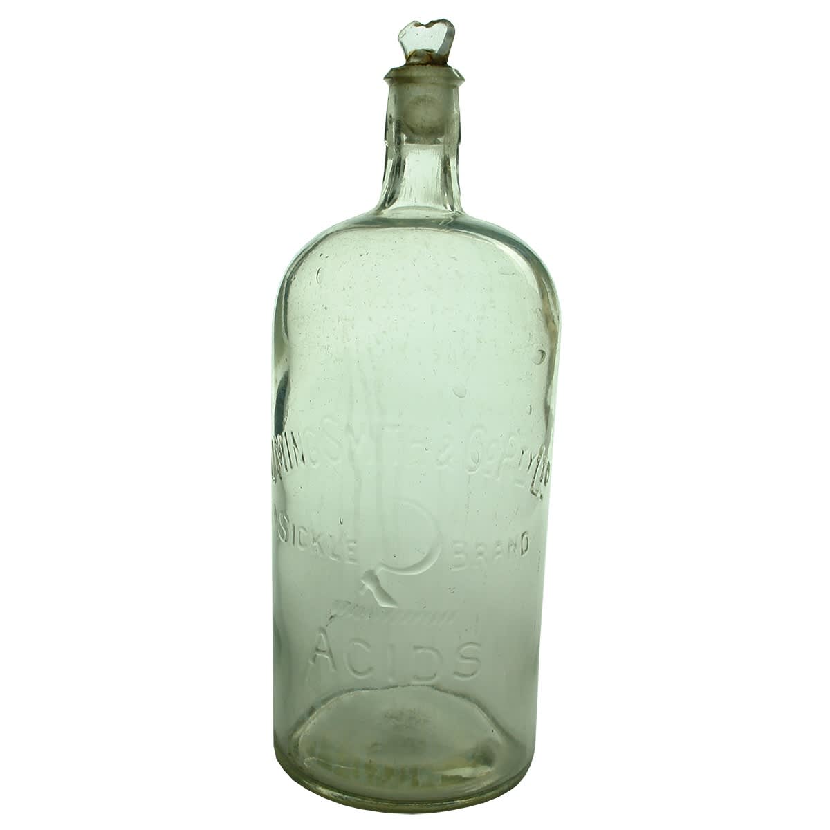Acid. Cuming Smith, Sickle Brand. Clear. 1 Gallon. Stopper stuck in place. (Victoria)