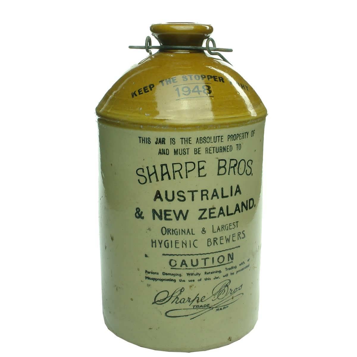 Demijohn. Sharpe Bros., Australia & New Zealand. Pearsons Chesterfield 1948. Internal Thread.